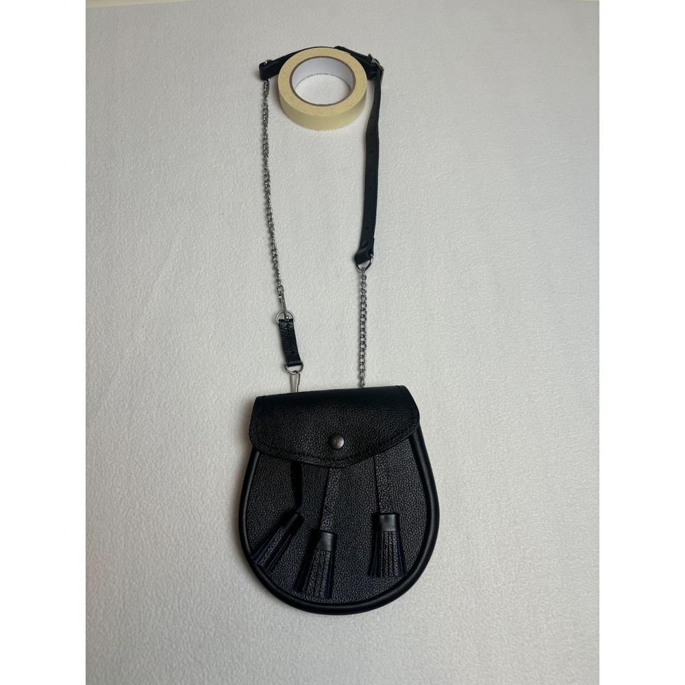 Black Pebbled Leather Scottish Sporran Tassel Crossbody Bag Chain Strap